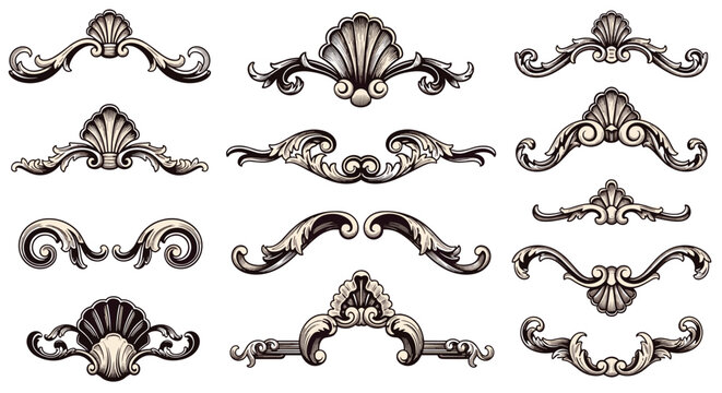 Ornate set of vintage baroque dividers and ornaments with shell motifs in a detailed black and white engraving art style.