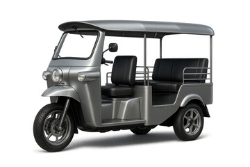 Silver tuk-tuk 3d rendering with black seats, modern auto rickshaw transport on transparent background