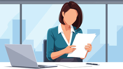 Focused businesswoman reading and reviewing paperwork at office desk. Great for productivity, work analysis, planning, and organizational workplace themes