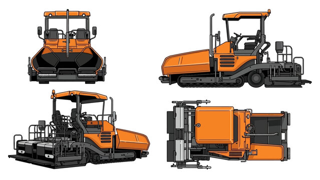 Construction machine asphalt paver, road building equipment from multiple angles, industrial machinery schematic