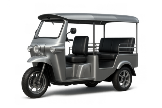Silver tuk-tuk 3d rendering with black seats, modern auto rickshaw transport on transparent background