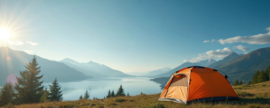 Orange tent pitched on grassy hill overlooking calm lake and distant mountains. Bright sun rays pierce clear blue sky, casting light on evergreen trees. Peaceful wilderness scene offers quiet escape.