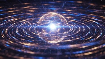 Abstract glowing spherical digital orb with concentric blue and gold light rings on a dark background science fiction concept - Powered by Adobe