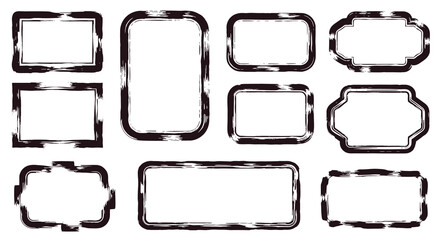 Assortment of rectangular and decorative frames with a bold, black grunge brush stroke texture for modern design projects.