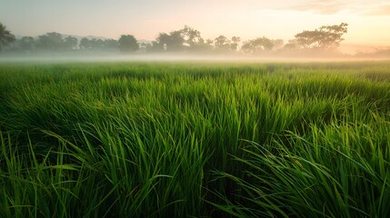 Lush Green Rice Paddy Field Bathed in Golden Morning Light with Hazy Horizon and Vibrant Foliage.