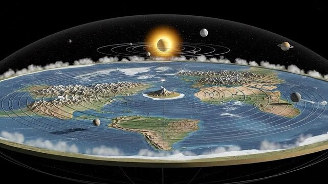 Conceptual Flat Earth Model With Sun And Moon Celestial Bodies In Outer Space Galaxy Cosmos Detailed Topographical Continents With Oceans And Atmosphere