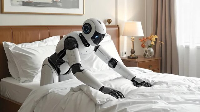 Futuristic Robot Attendant Neatly Making a White Duvet on a Hotel Bed with Warm Lamp Lighting