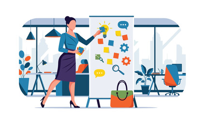 Creative woman brainstorming ideas using colorful sticky notes in office. Ideal for innovation, teamwork, concept development, and planning workflow themes