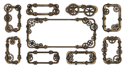 Intricate collection of vintage steampunk frames constructed from industrial pipes, cogs, and gears for a mechanical aesthetic.