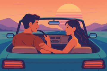 Romantic evening drive under a pastel sunset showcasing a couple in a vintage convertible experiencing connection and adventure captured with clarity