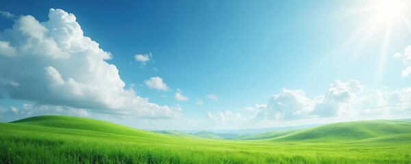 Fototapeta premium Rolling green hills under a bright blue sky with fluffy white clouds. Sun shines brightly on a peaceful landscape. Copy space is available for text and design.