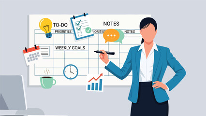 Professional woman reviewing calendar tasks to plan daily schedule. Ideal for productivity, time management, and business planning content