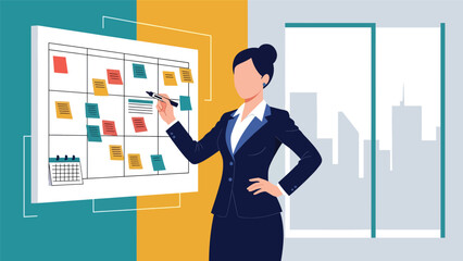 Professional woman reviewing calendar tasks to plan daily schedule. Ideal for productivity, time management, and business planning content