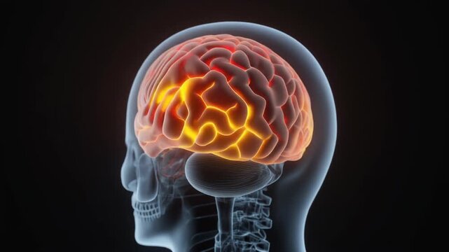 Conceptual medical illustration of a human head with a glowing brain, representing neural activity, thoughts, or pain like a headache or migraine - Powered by Adobe