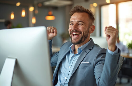 Happy businessman celebrates win at office. Male employee excited with fist in air near computer monitor. Successful man in suit achieves goal at workplace. Joyful person proud of promotion success.