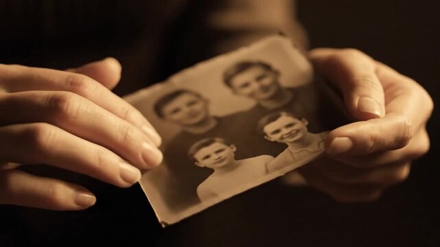 Hands carefully holding a faded vintage sepia photograph of four young brothers, a poignant and nostalgic concept of family history and memory
