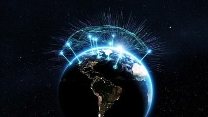 Digital Global Network Connection Shows Earth From Space With Blue Lights And Particles Connecting To A Digital Dome Overlay In The Stars - Powered by Adobe