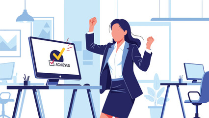 Fototapeta premium Excited businesswoman celebrating achievement at her desk. Ideal for motivation, success themes, teamwork celebration visuals, and professional growth content
