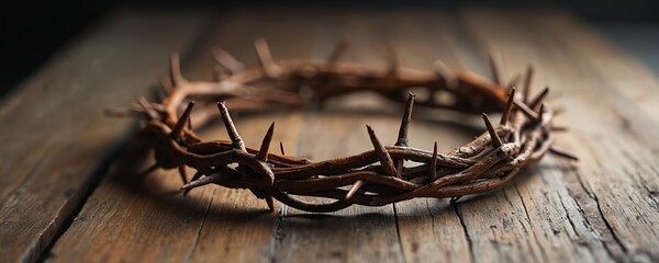 Close up photo shows crown of thorns resting on wooden surface. Religious symbol evokes sacrifice pain suffering. Spiritual theme for Easter concept and passion.