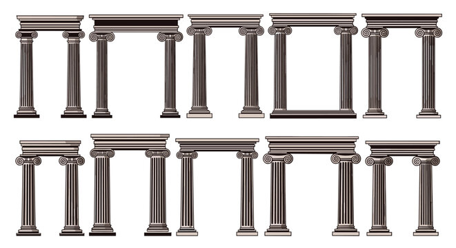 Majestic collection of classical Greek and Roman columns forming elegant arches and frames in a vintage architectural style.