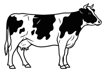 Black and white cow illustration, dairy cattle profile with udder and patches, stylized farm animal drawing, agricultural concept