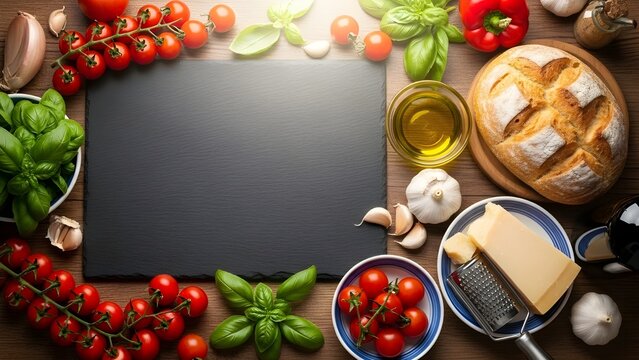 Delicious Mediterranean ingredients arranged around a rustic black chalkboard for recipe writing, food blogging, or culinary inspiration