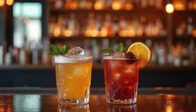 Two cocktails with ice cubes and garnish on bar counter. Refreshing alcoholic drink with mint and orange slice at restaurant. Bar setting with bottles blurred in background.