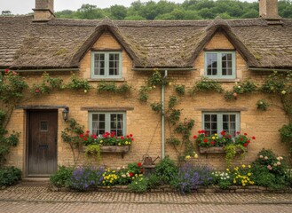 Charming Cotswold Cottage: Thatched Roof, Stone Walls, and Window Boxes Bursting with Vibrant Blooms