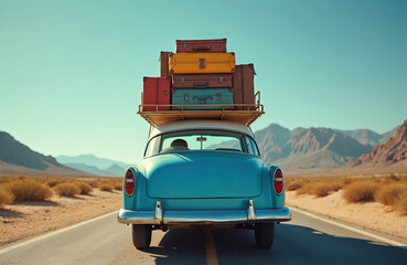 Retro blue car loaded with vintage suitcases drives on desert highway. Family road trip adventure towards distant mountains under clear blue sky. Journey and freedom.