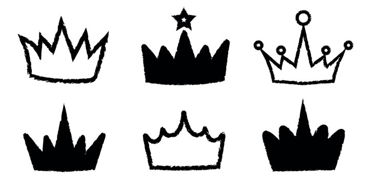 Crayon brush crown silhouettes, handcrafted royal icons in black