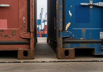 Rusty red and blue shipping containers placed side by side on concrete at a port with cranes and stacked containers in background. Industrial logistics 
