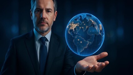 Businessman suit hologram globe earth city light futuristic technology hand visionary leadership global planning projecting future strategy connectivity illuminated metropolis contemplation - Powered by Adobe
