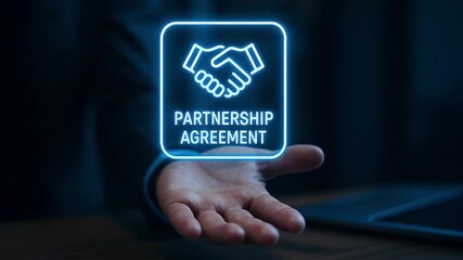 Partnership agreement handshake neon icon glowing above open palm business collaboration contract negotiation offering trust in professional cooperative concept and dark office futuristic interface - Powered by Adobe