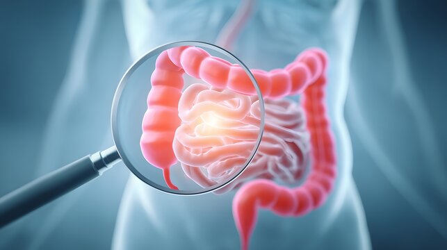 Magnifying Glass Highlighting Inflammation in Human Intestines, Medical Illustration.