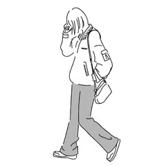 Minimal monochrome illustration of emotional woman walking in casual style
