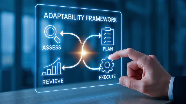 Adaptability framework assess plan execute review infographic transparent touchscreen with hand gesture and finger interacting hologram for adaptive business strategy visualization and continuous