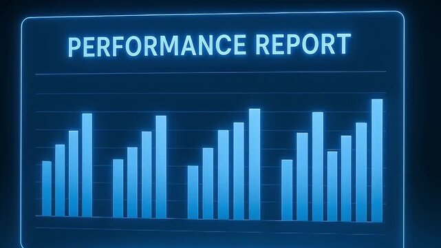 Performance report chart showing glowing blue bar graph with rising values and futuristic data visualization conveying progress and analysis and showing rising blue bar graph and glowing analytics
