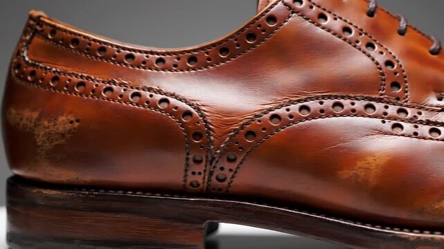 Close-up of a classic brown leather wingtip brogue shoe with intricate detailing and laces. Elegant, high-quality footwear with a vintage aesthetic, perfect for formal or business attire in a studio s
