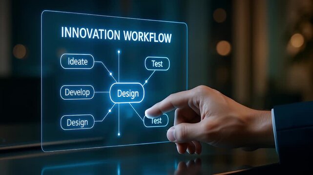 Innovation workflow design ideate develop test touchscreen interface finger hand ideate develop test visual interface futuristic business planning strategy showing process map translucent display