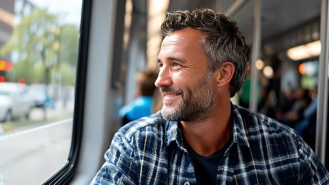 Man smiling while looking out tram window on urban commute, relaxed thoughtful expression in casual plaid shirt, middle aged bearded man contemplative sitting by tram window - Powered by Adobe