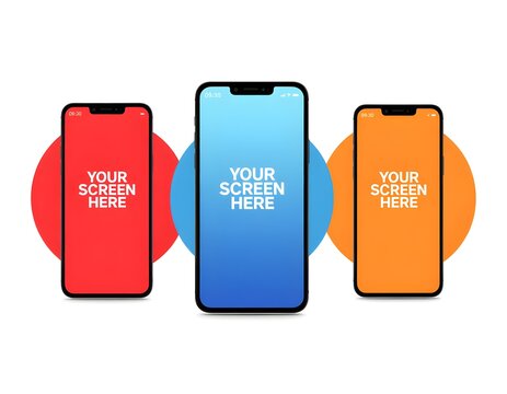 Three modern smartphones with colorful screens for app promotion and advertising