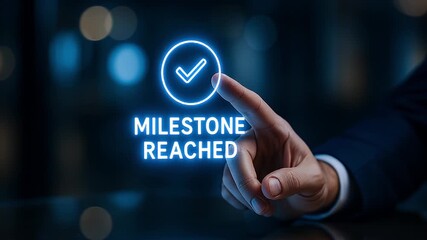 Milestone reached glowing check above businessperson fingertip celebrating achievement and success with neon blue bokeh light hand in dark office environment conveying celebration and accomplishment
