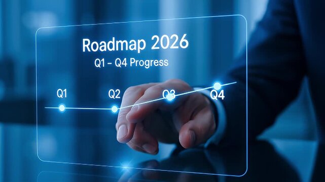 Roadmap 2026 timeline progress Q1 Q2 Q3 Q4 business hand interacting with transparent futuristic display showing quarterly milestones and growth optimism on touchscreen interface