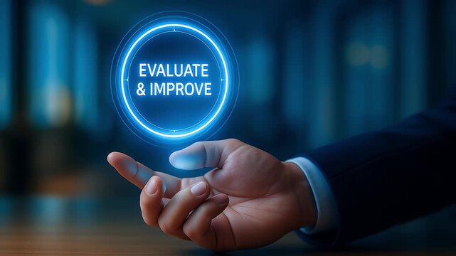 Evaluate improve concept glowing button held above open hand business setting conveying progress and performance improvement and evaluate improve concept glowing blue circular interface hovering