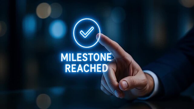 Milestone reached glowing check above businessperson fingertip celebrating achievement and success with neon blue bokeh light hand in dark office environment conveying celebration and accomplishment