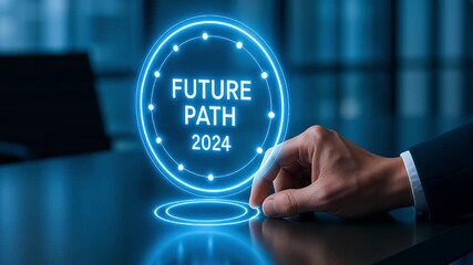 Futuristic hologram future path 2023 hand businessman technology neon blue hologram touchscreen innovation office desk concept digital projection interface planning strategy progress modern - Powered by Adobe