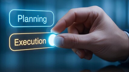 Execution planning button pressed on virtual touchscreen by businessman finger showing decision strategy business technology interface for project delivery and progress through fingertip interaction - Powered by Adobe