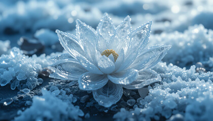 Frozen flower encapsulated in clear ice, detailed texture, cold tone, 8K