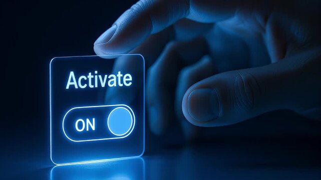 Activate fingertip touch on translucent glowing blue digital switch technology. futuristic switch toggle interface interaction and user fingertip press for interface activation