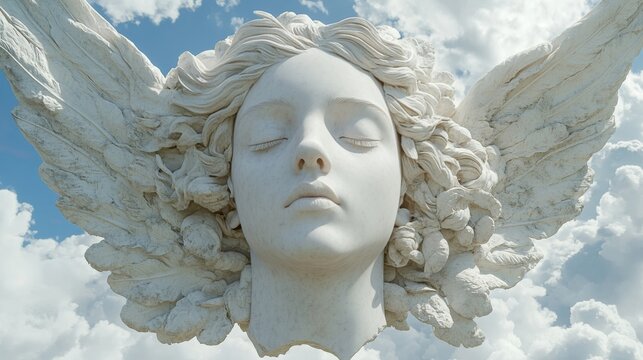 Close-up of a white marble-like sculpture of a serene winged face (angel or cherub) against a bright blue, cloudy sky. Use for sites/blogs on spirituality, art, memorials, peace, history, religion